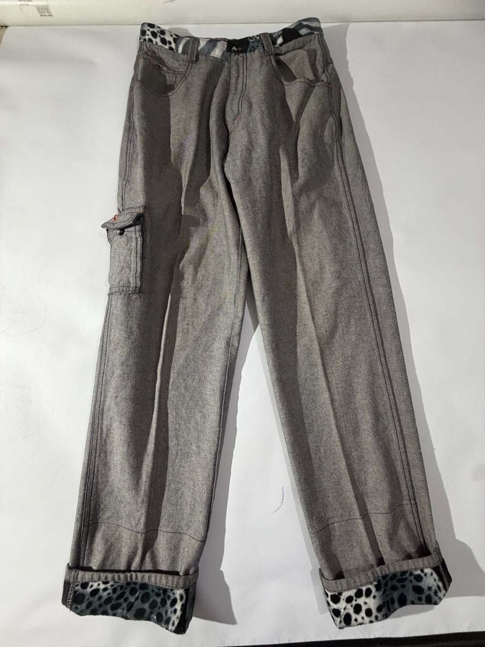 Vintage Y2K Gray Denim Cargo Pants Fleece Lined Leopard Cuff Wide Leg